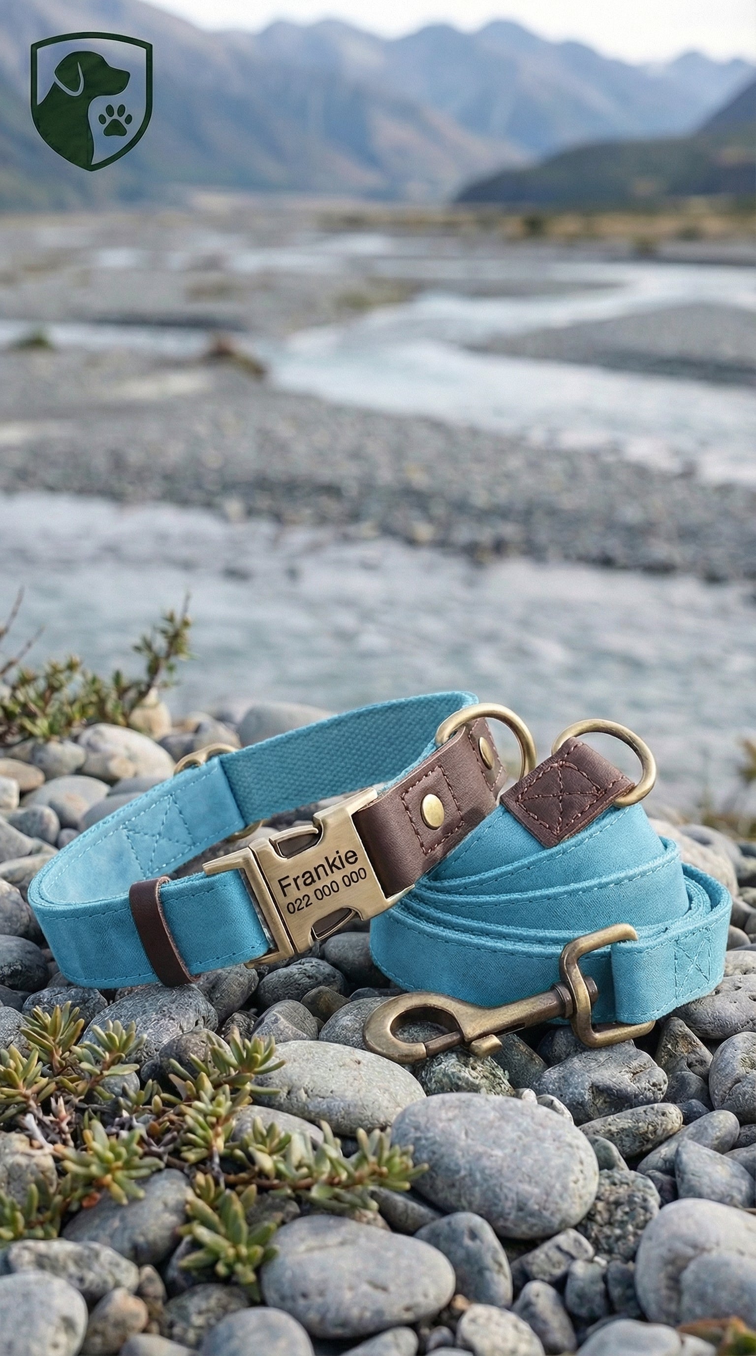 Blue dog collar with brown accents on a rocky surface with a mountainous background