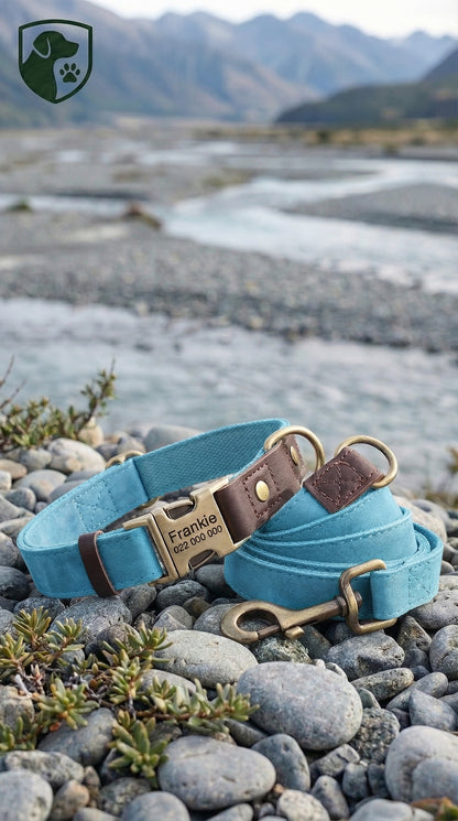 Blue dog collar with brown accents on a rocky surface with a mountainous background