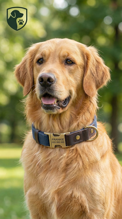 Golden retriever wearing a collar with a brand logo in a park setting