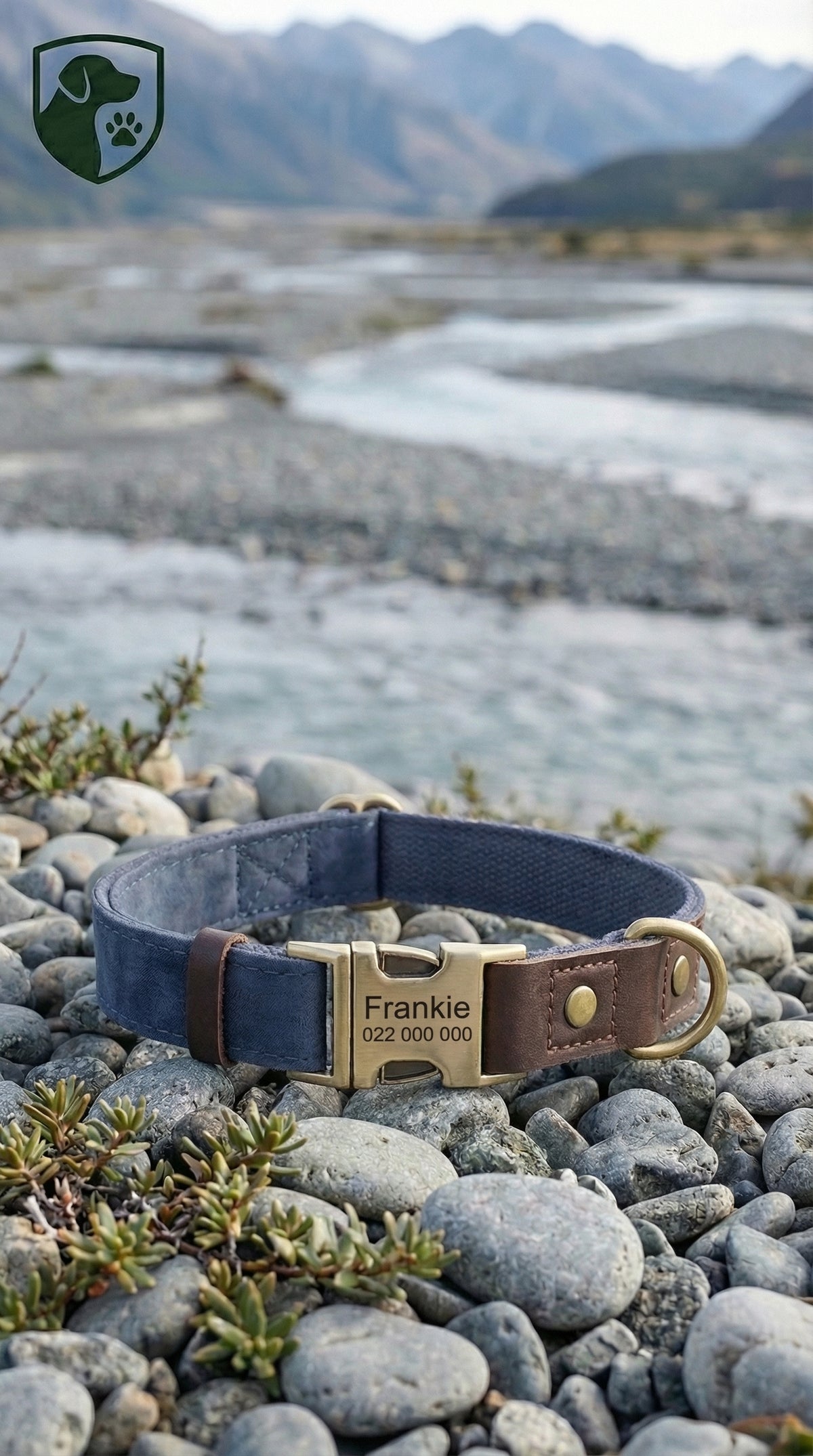 Dog collar with nameplate on pebbles near a mountainous landscape