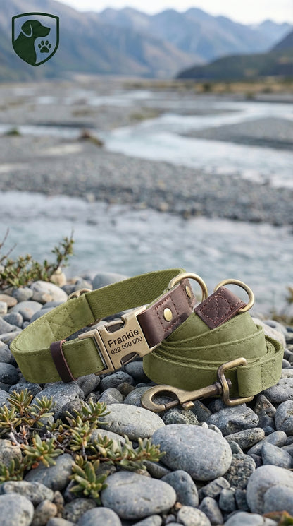 Green dog collar with brown accents on pebbles near a mountainous landscape