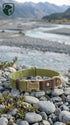 Green dog collar with a brown leather strap on pebbles near a body of water and mountains.