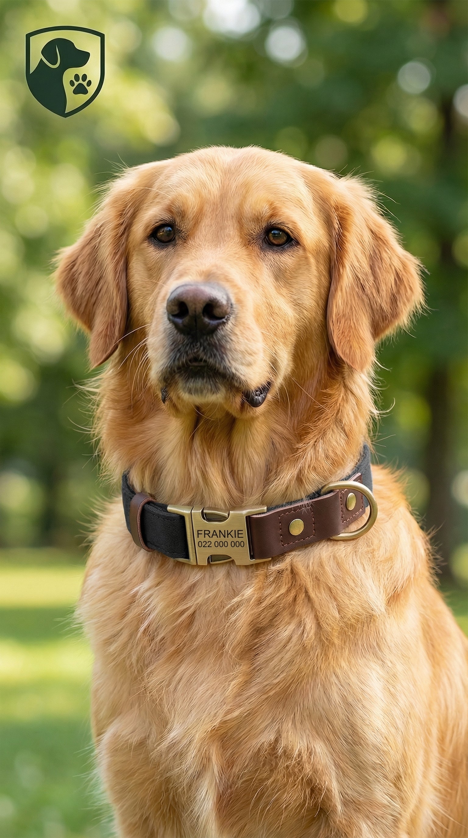 Golden retriever wearing a collar with a brand logo in a park setting