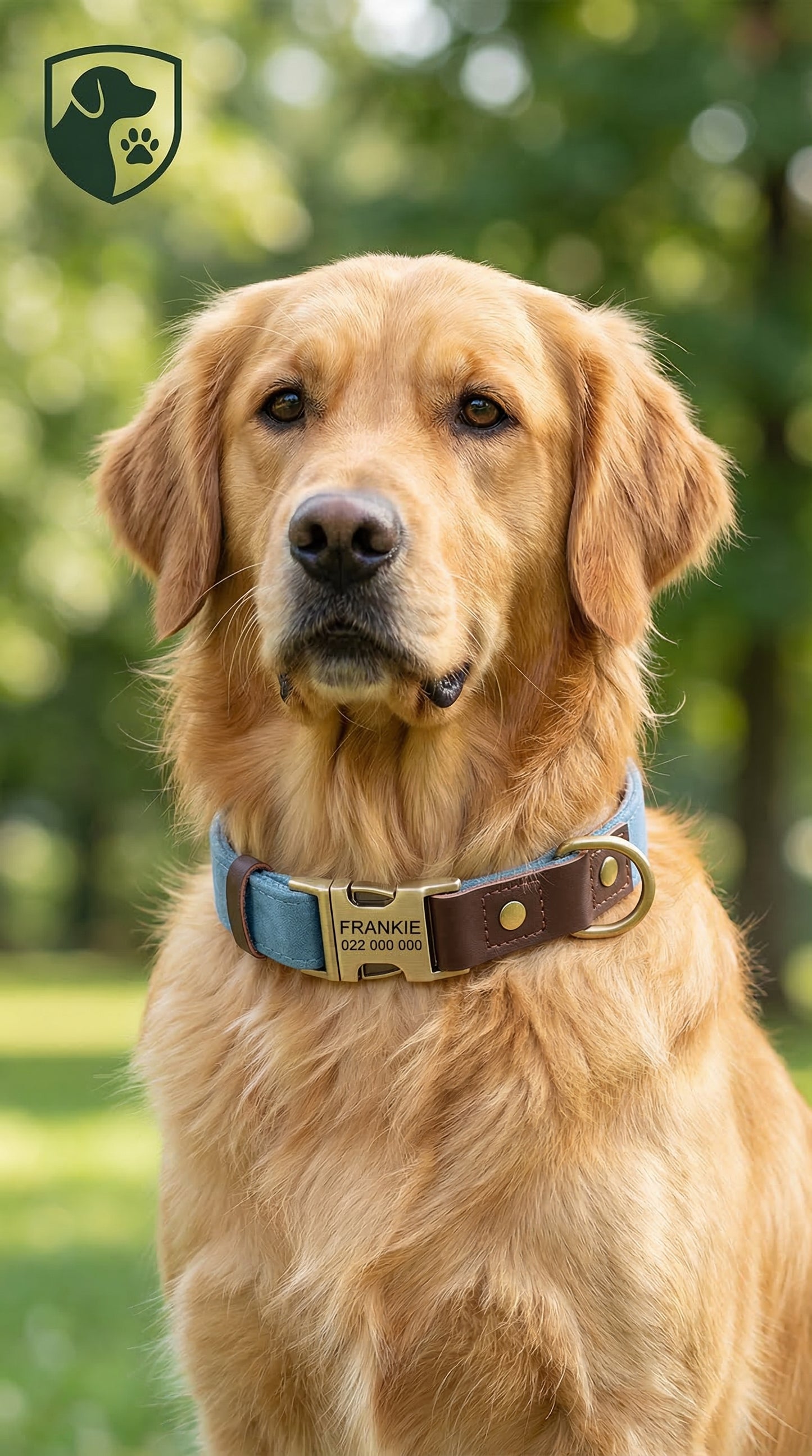 Golden retriever wearing a collar with a brand logo in a park setting
