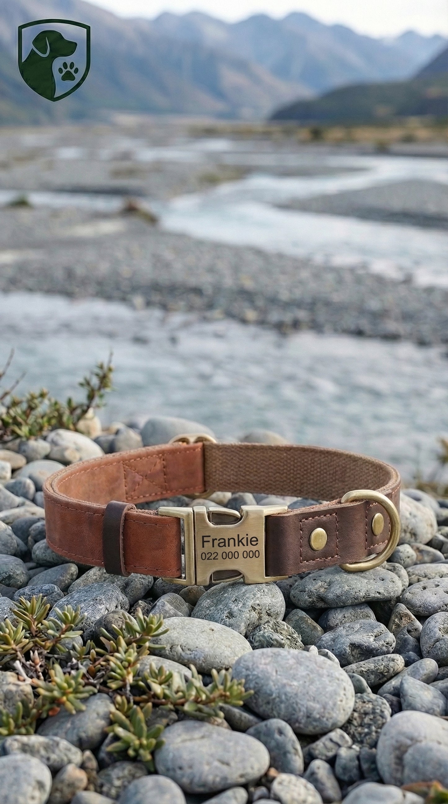 Brown leather dog collar with metal tag on pebbles near a mountainous landscape